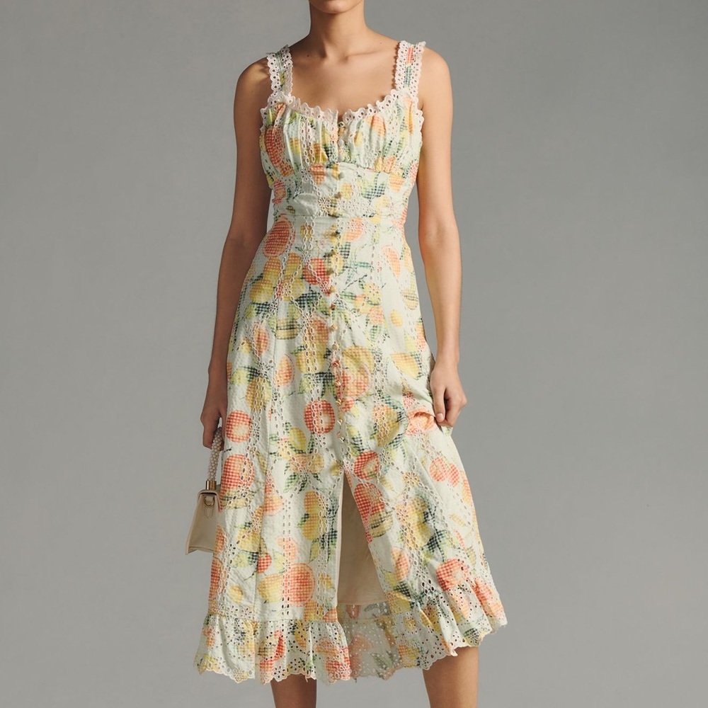 Anthropologie Floral Ruffled eyelet Midi Dress - Multicolor